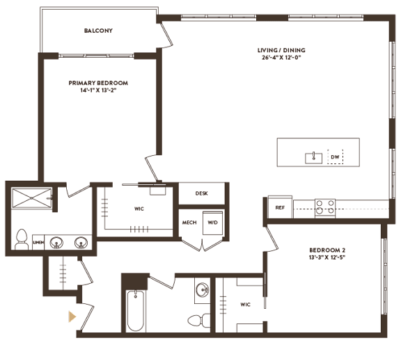 Floor Plan  A floor plan of a house with a balcony, living/dining area, and two bedrooms.