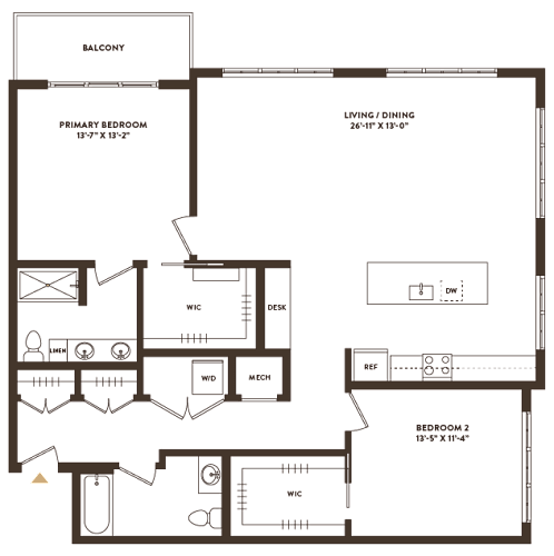 Floor Plan  A floor plan of a balcony with a primary bedroom, living/dining area, and two bedrooms.