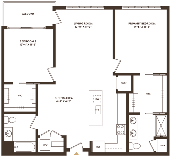 Floor Plan  A floor plan of a house with a balcony, two bedrooms, a living room, a dining area, a kitchen, a bathroom, and a utility area.