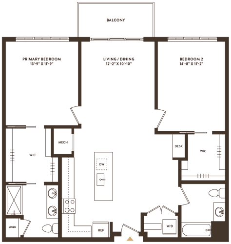 Floor Plan  A floor plan of a house with a balcony, two bedrooms, a living/dining area, and a kitchen.