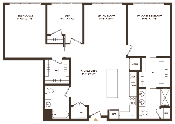 Floor Plan  A floor plan of a house with a living room, dining area, kitchen, and two bedrooms.