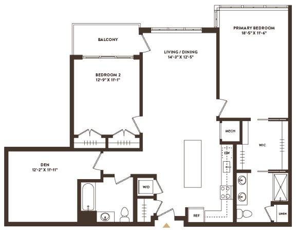 Floor Plan  A floor plan of a house with a balcony, two bedrooms, a living/dining area, a den, and a primary bedroom.
