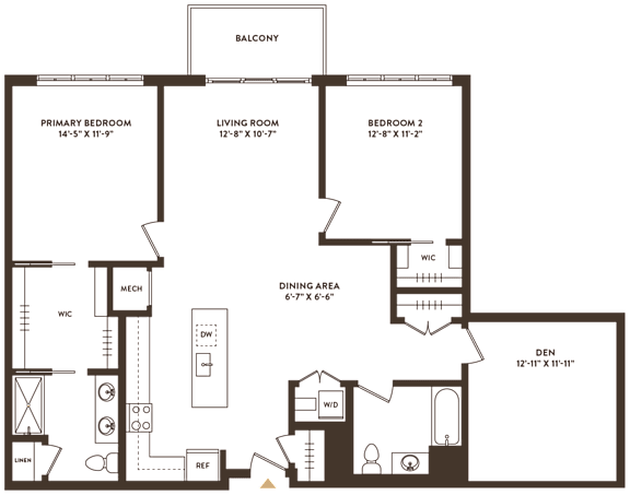 Floor Plan  A floor plan of a house with a balcony, two bedrooms, a living room, a dining area, a kitchen, a bathroom, and a laundry room.