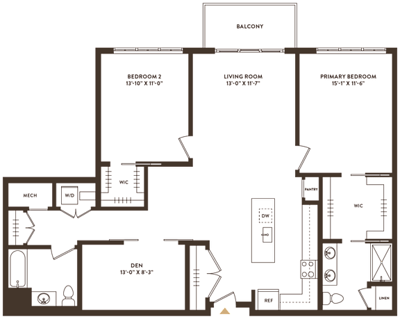 Floor Plan  A floor plan of a house with a balcony, three bedrooms, a den, a living room, a dining room, a kitchen, and a laundry area.