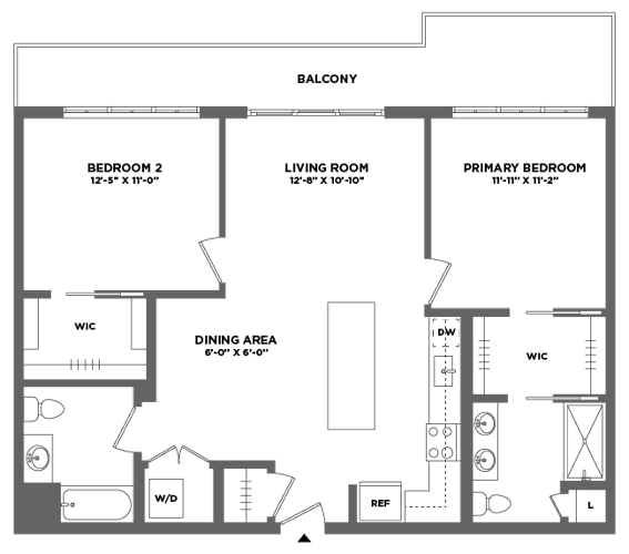 Floor Plan  A floor plan of a house with a balcony, three bedrooms, a living room, a dining area, and a kitchen.