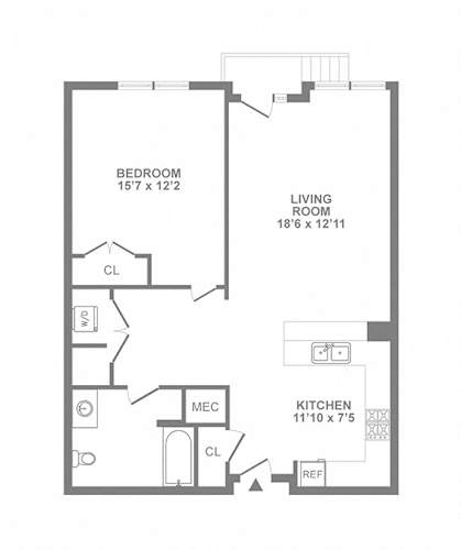 Floor Plan  A floor plan of a small apartment with a bedroom, living room, kitchen, and bathroom.