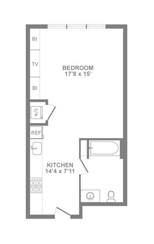 Floor Plan  A floor plan of a bedroom and kitchen.