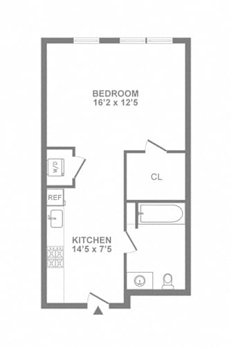 Floor Plan  A floor plan of a bedroom, kitchen, and closet.