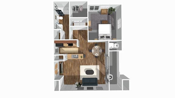 Floor Plan  A top down view of a house with a kitchen, living room, and dining area.
