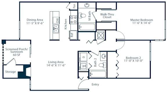 Floor Plan  A floor plan of a home showing a living area, dining area, kitchen, two bathrooms, a walk-thru closet, a master bedroom, and two bedrooms.