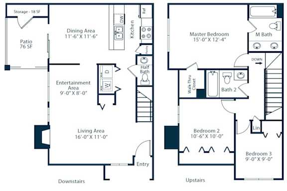 Floor Plan  A floor plan of a two-story house with a living area, dining area, entertainment area, and three bedrooms.