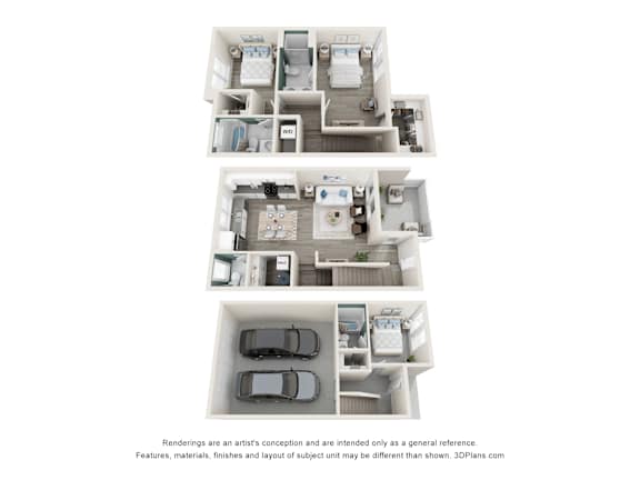 Floor Plan  A 3D floor plan of a house with two bedrooms, a living room, a kitchen, a bathroom, and a garage.