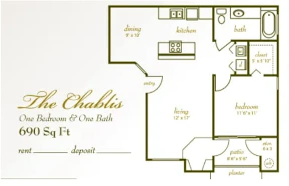 Floor Plan  A floor plan for a property called The Chablis, which is 690 square feet in size.