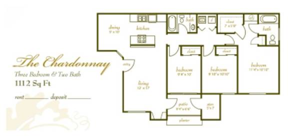 Floor Plan  A floor plan for a property named The Chardonnay, featuring three bedrooms and two bathrooms.