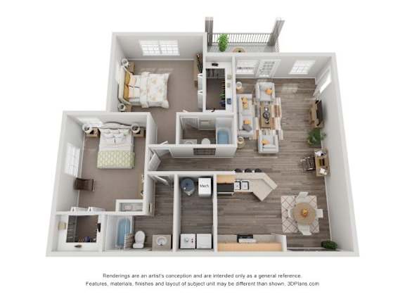 Floor Plan  A 3D floor plan of a house with a kitchen, living room, and two bedrooms.