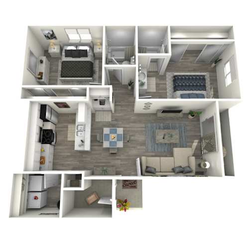Floor Plan  A 3D rendered image of a house layout.