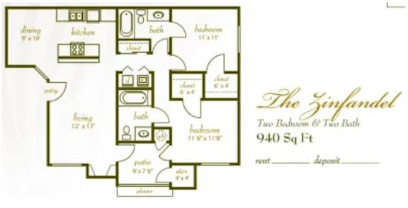 Floor Plan  A floor plan for a property named The Sinfandel shows two bedrooms and two baths.
