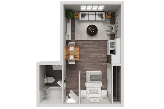 Floor Plan  A top-down view of a small apartment with a kitchen, living room, and bathroom.