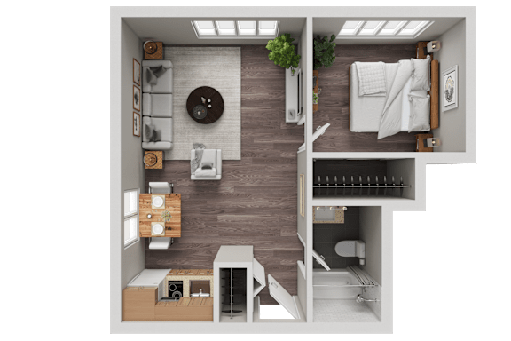 Floor Plan  A modern kitchen with a dining area and a living room.