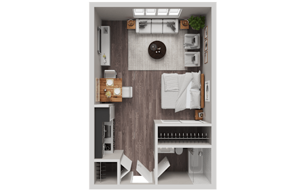 Floor Plan  A top-down view of a small, neatly organized kitchen and dining area.