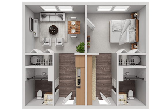 Floor Plan  A series of images showing different views of a small, modern bathroom.