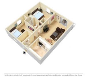 Floor Plan  A 3D image of a house layout with a kitchen, living room, and two bedrooms.