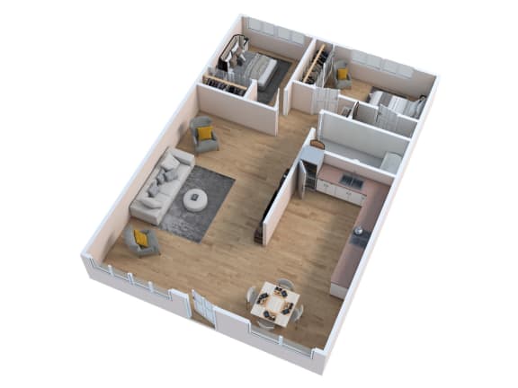 Floor Plan  a 3d floor plan of a home with a bedroom and living room