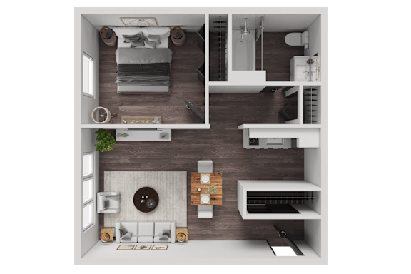 Floor Plan  A top-down view of a small, neatly organized apartment with a kitchen, living room, and bathroom.