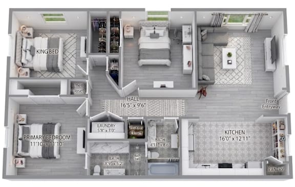Floor Plan  A floor plan of a house with a king bed, two bathrooms, a laundry room, and a kitchen.