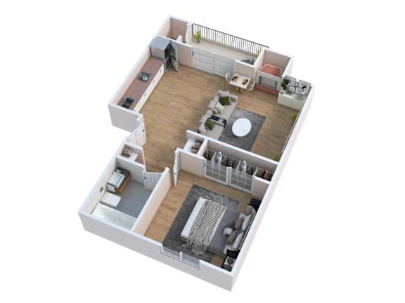 Floor Plan  A 3D floor plan of a house with a living room, kitchen, dining room, and two bedrooms.