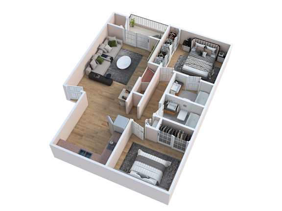 Floor Plan  A top-down view of a house interior with a living room, kitchen, and bedrooms.