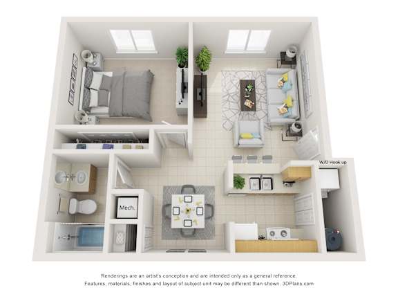 Floor Plan  A 3D floor plan of a small apartment with a kitchen, living room, and bathroom.