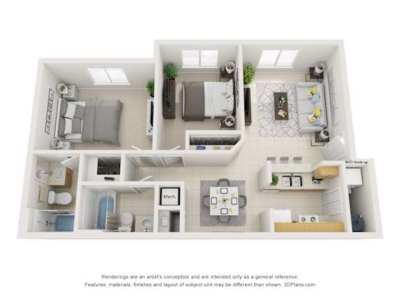 Floor Plan  A floor plan of a small apartment with a kitchen, living room, and bathroom.