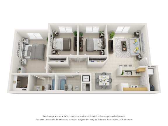 Floor Plan  A 3D floor plan of a small apartment with a kitchen, living room, and bathroom.