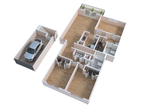 Floor Plan  3d floor plan of a house with a car and a garage