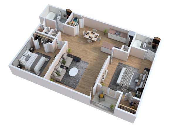 Floor Plan  A 3D floor plan of a house with a kitchen, living room, and two bedrooms.