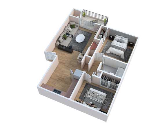 Floor Plan  A 3D floor plan of a house with two bedrooms, a living room, a kitchen, and a bathroom.