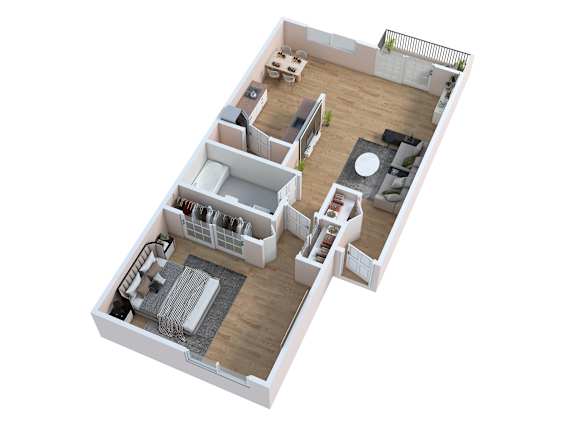 Floor Plan  A 3D floor plan of a small apartment with a kitchen, living room, and bedroom.