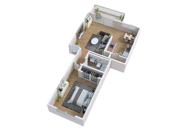 Floor Plan  A 3D floor plan of a house layout.