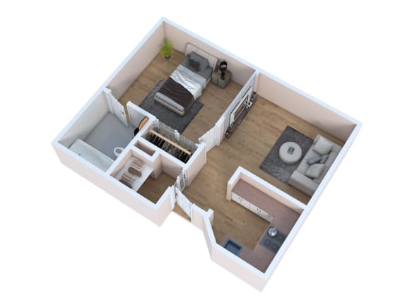 Floor Plan  a conceptual drawing of a bedroom with a bathroom and a living room