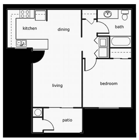 Floor Plan  A floor plan of a house with a kitchen, dining area, bathroom, bedroom, living room, and patio.