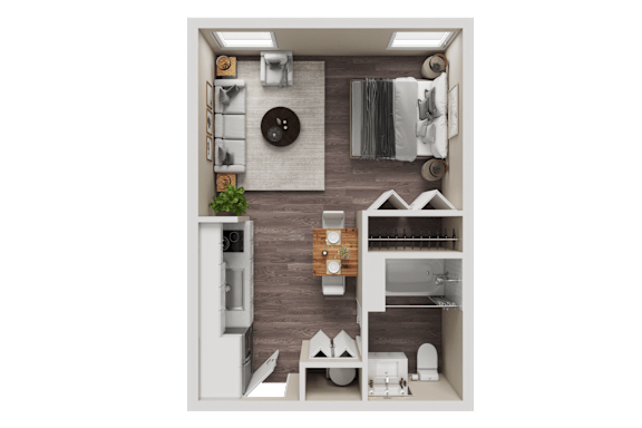Floor Plan  A small, neatly organized bathroom with a toilet, sink, and a mirror.