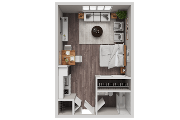 Floor Plan  A top-down view of a small, neatly organized kitchen and dining area.