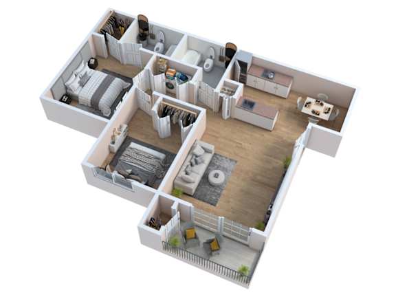 Floor Plan  A 3D floor plan of a house with multiple rooms.