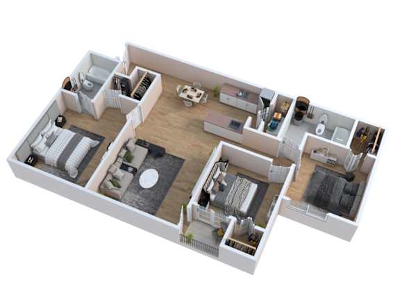 Floor Plan  A 3D floor plan of a house with a kitchen, living room, and bathroom.