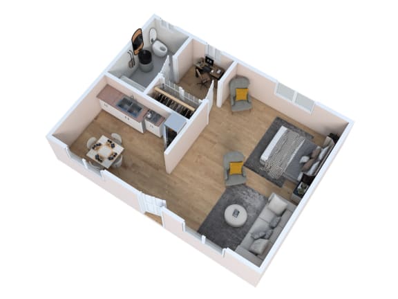 Floor Plan  a 3d floor plan of a home with a bedroom and living room