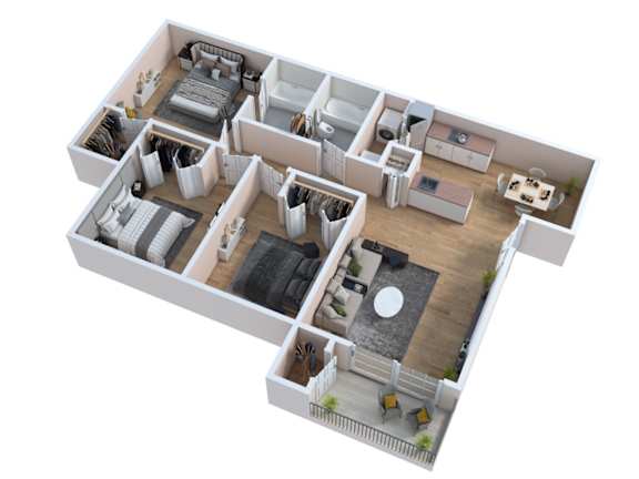 Floor Plan  A 3D floor plan of a house with two bedrooms, a living room, a kitchen, and a bathroom.