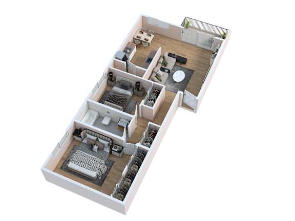 Floor Plan  A 3D floor plan of a house with two bedrooms, a living room, a kitchen, and a bathroom.