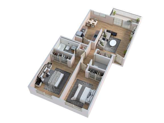 Floor Plan  A 3D floor plan of a house with two bedrooms, a living room, a kitchen, and a bathroom.