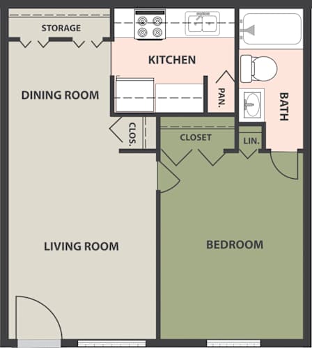Floor Plan  A floor plan of a small apartment with a living room, dining room, kitchen, bedroom, and storage area.